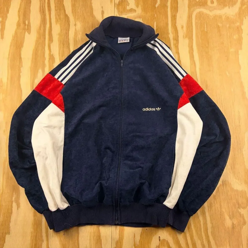Vintage 70s–80s Adidas VENTEX Velour Track Jacket – Navy/Red/White – Size L